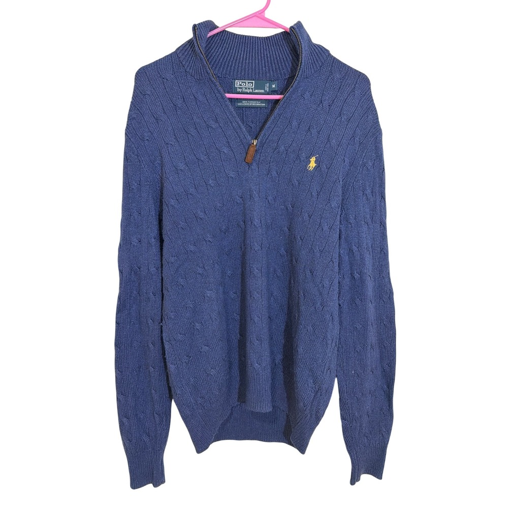 Polo Ralph Lauren Mens Blue 100% Tussah Silk Cable Knit Quarter Zip Sweater M